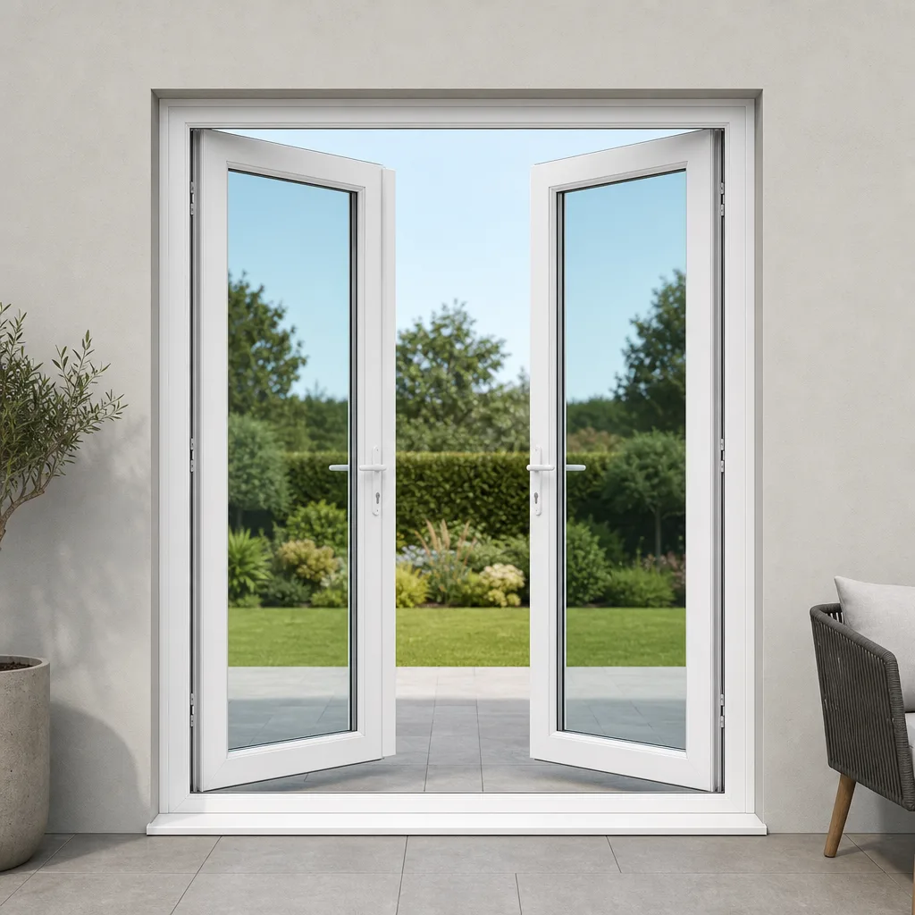 AI-generated illustration of white UPVC glazed French double doors