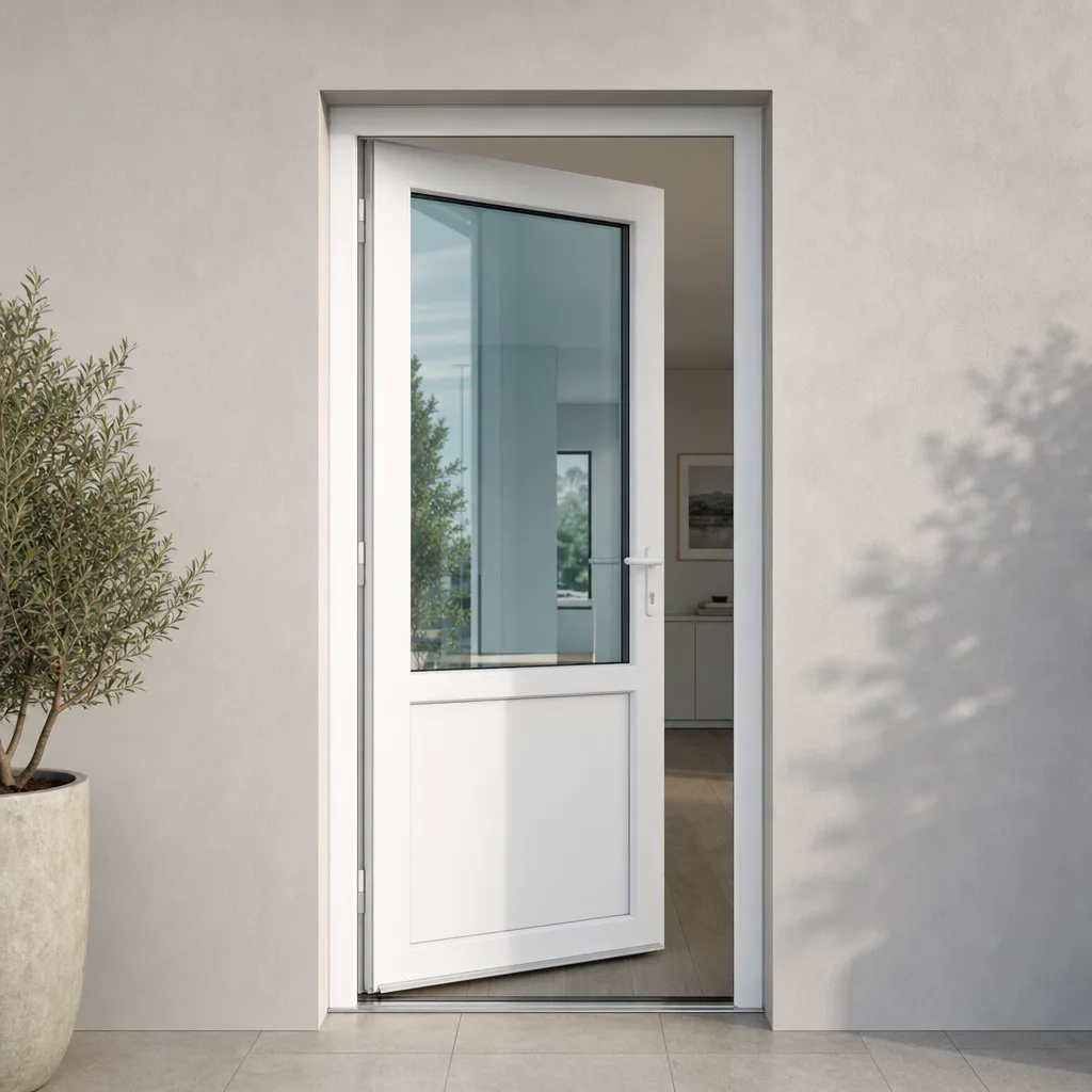 AI-generated illustration of a single white UPVC hinged door