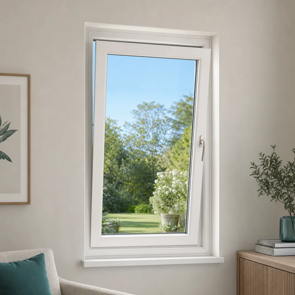 AI-generated illustration of a white UPVC window tilted inward for ventilation