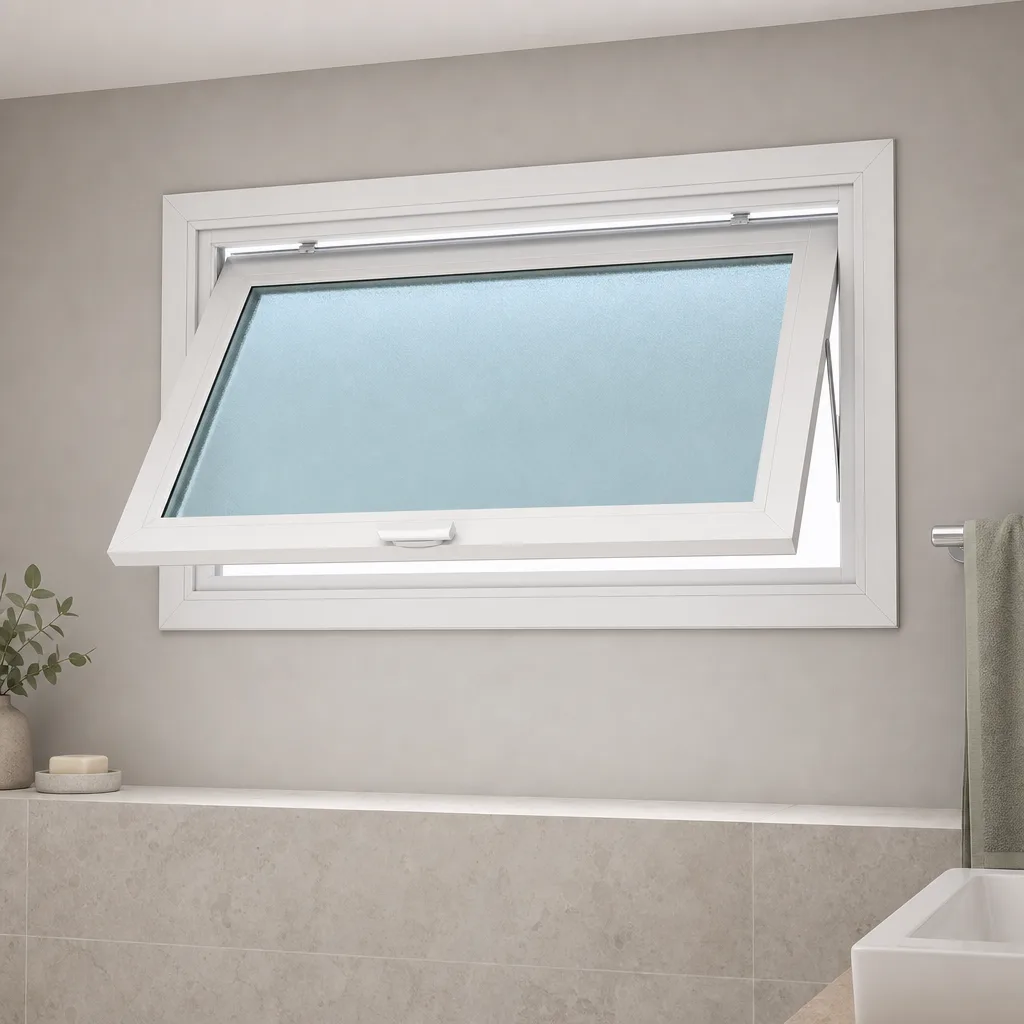 AI-generated illustration of a compact white UPVC ventilator window with privacy glass